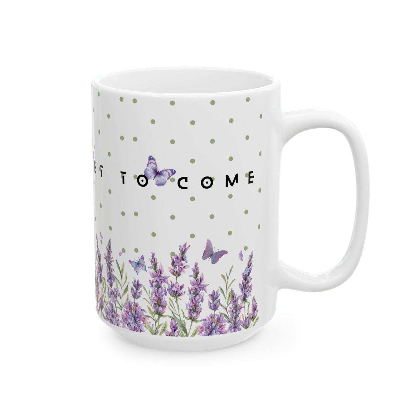 White mug with lavender and butterfly design on a white background