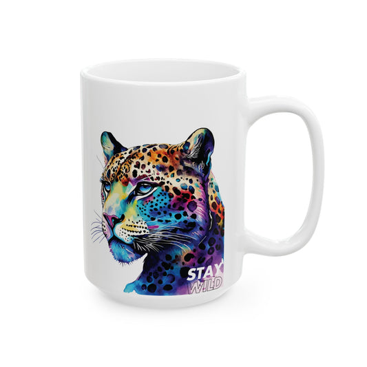 Stay Wild Leopard Ceramic Mug - Colorful Animal Design (11oz, 15oz)
