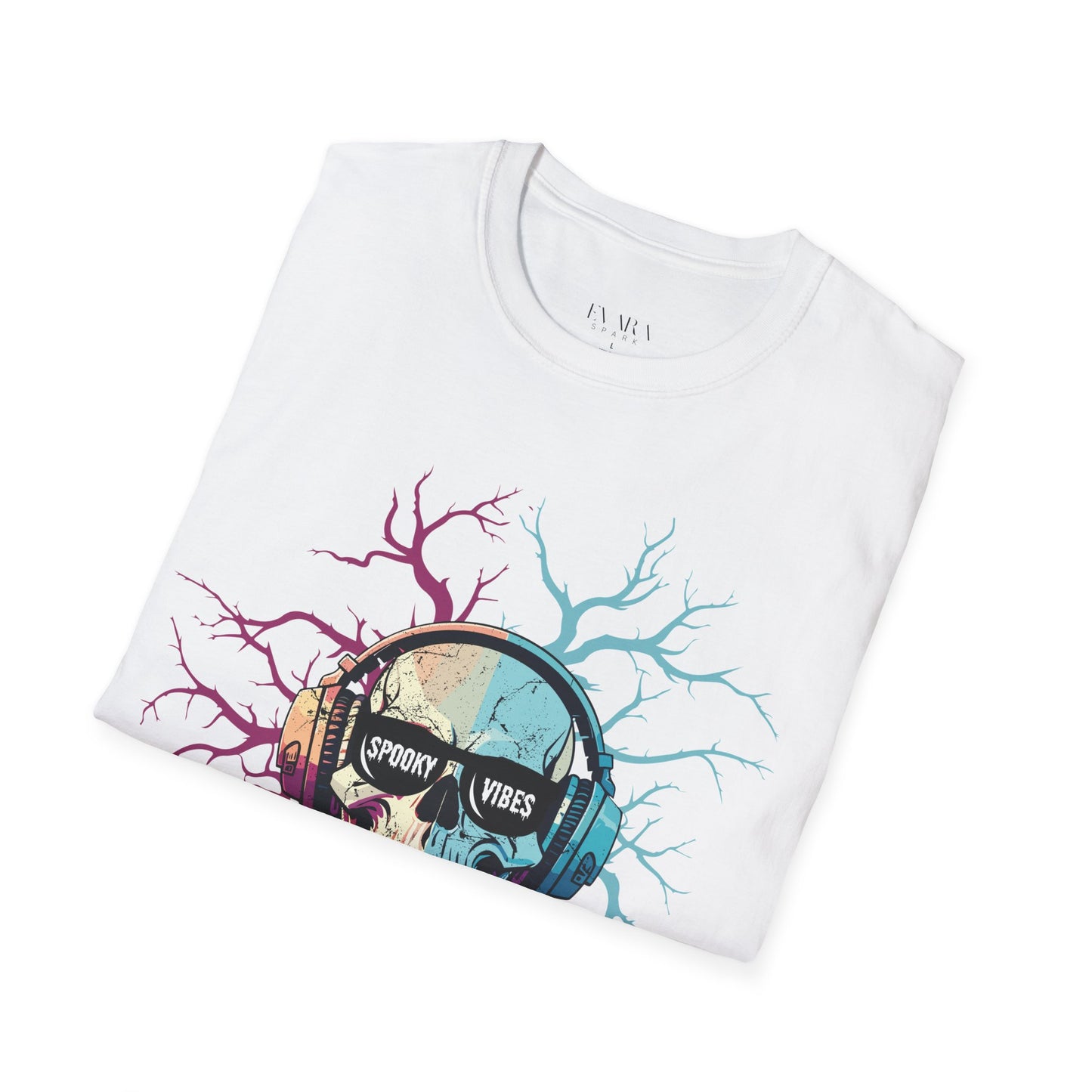 Halloween Skull Headphones T-Shirt, Unisex Music Lover Cotton Tee for Spooky Season & Festivals