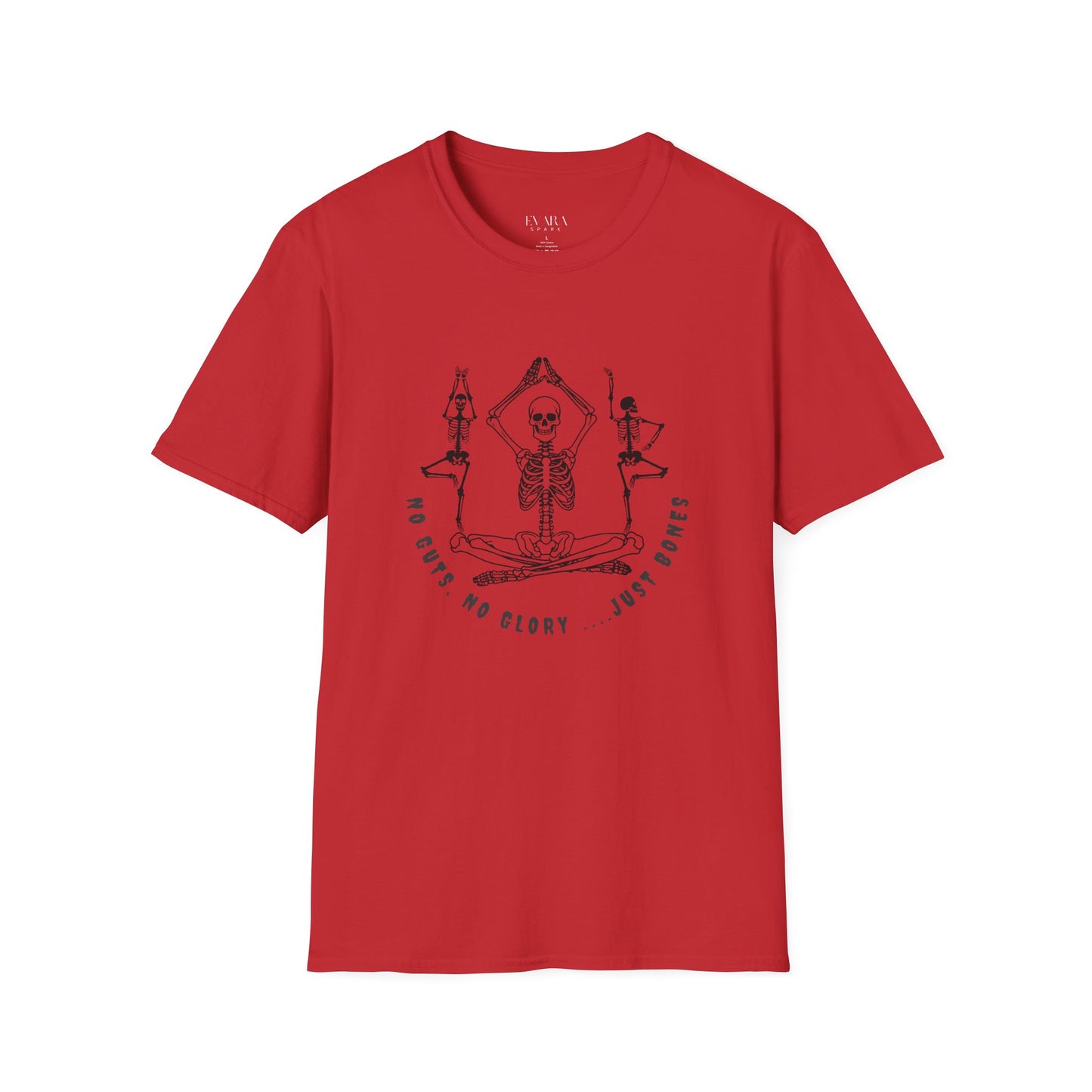 Red t-shirt with black skeleton design on a white background