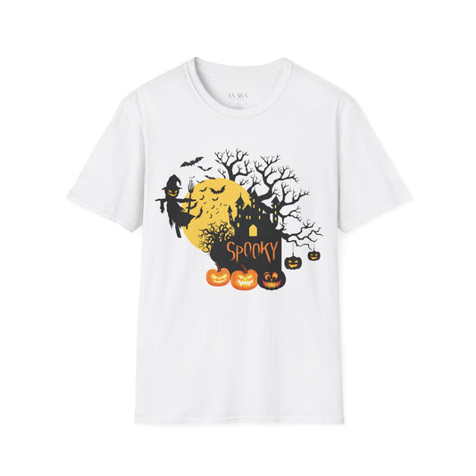 White t-shirt with Halloween-themed design featuring pumpkins, a witch, and a haunted house on a white background.