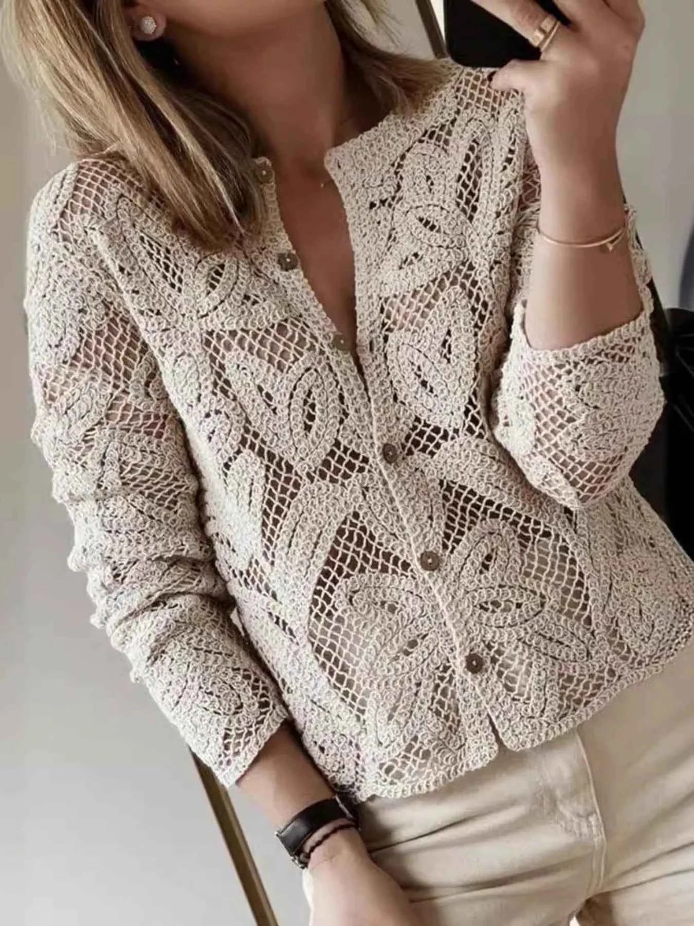 Lace Button-Up Long Sleeve Shirt
