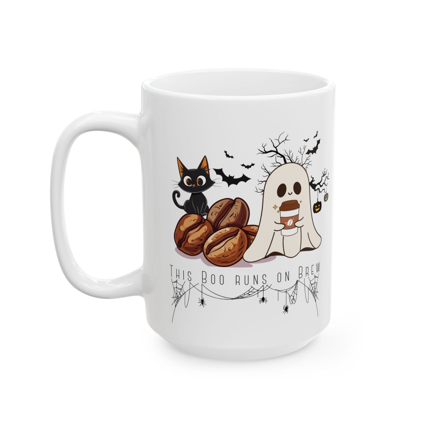 'This Boo Runs on Brew' Halloween Mug, Cute 15oz Ceramic Mug for Fall & Spooky Season