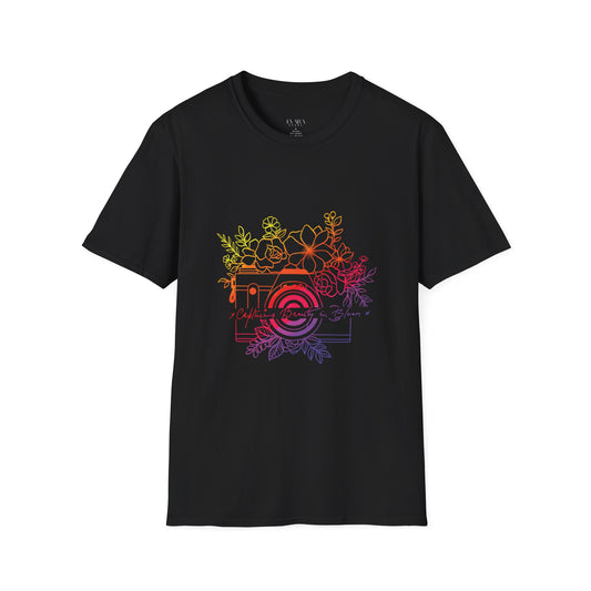 Black t-shirt with colorful graphic design on a white background