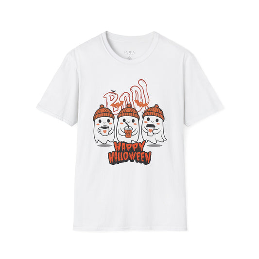 White t-shirt with Halloween-themed design featuring ghosts and text on a white background