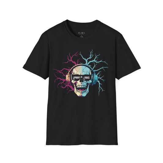 Halloween Skull Headphones T-Shirt, Unisex Music Lover Cotton Tee for Spooky Season & Festivals