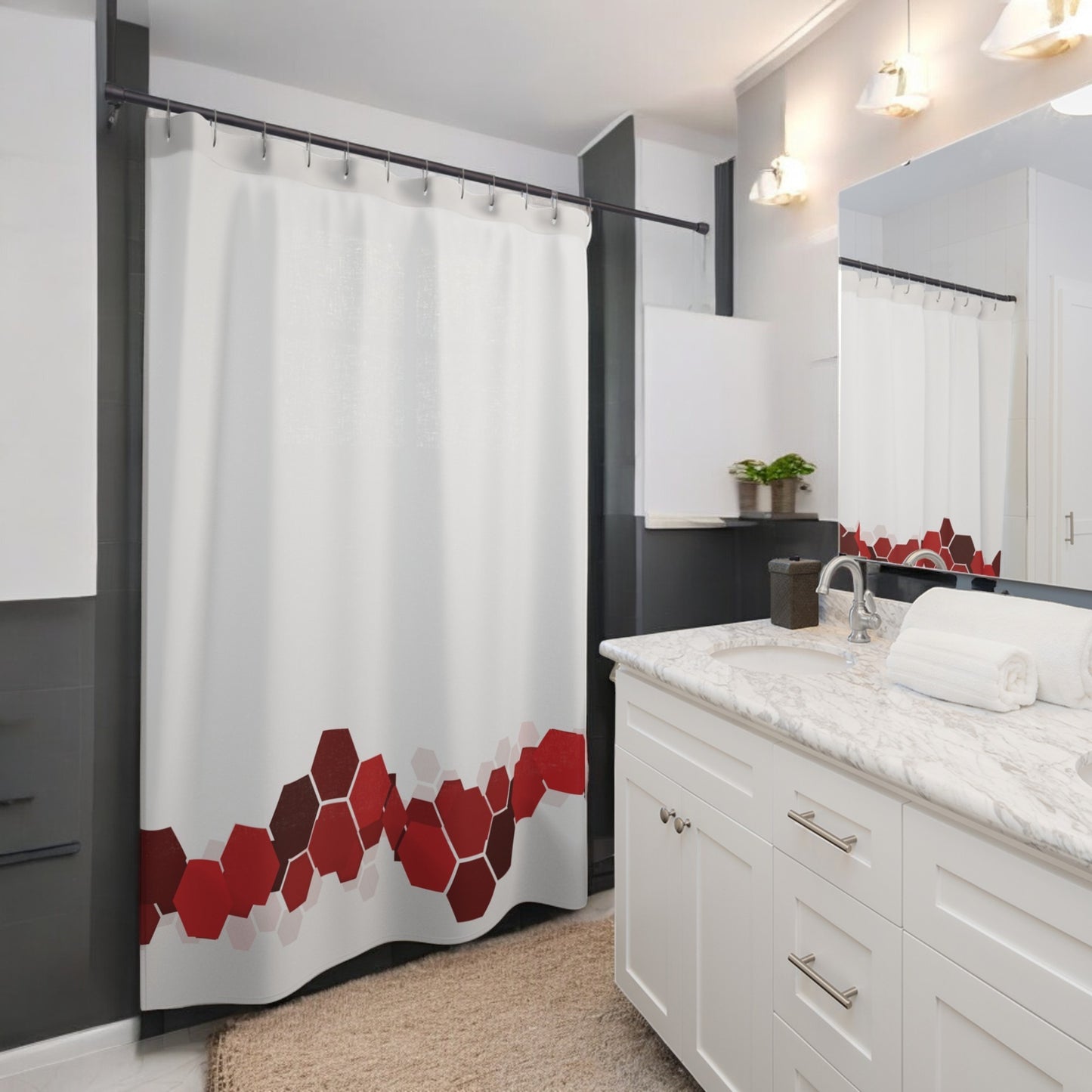 Elegant Red & Burgundy Floral Trim Shower Curtain