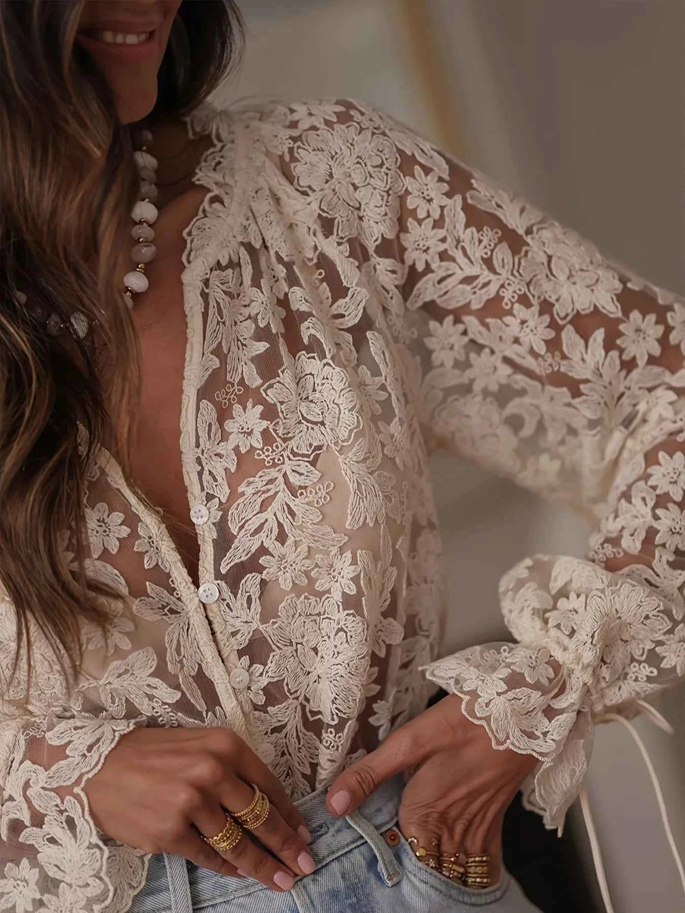 Lace Button Up Long Sleeve Shirt