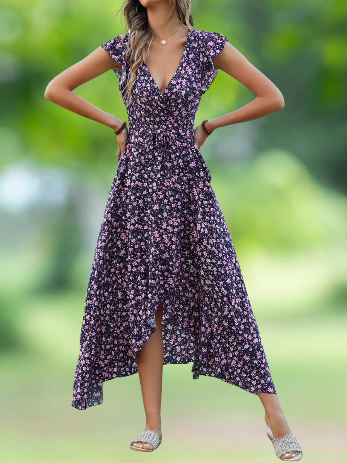 Printed Surplice Ruffle Sleeve V-Neck Dress