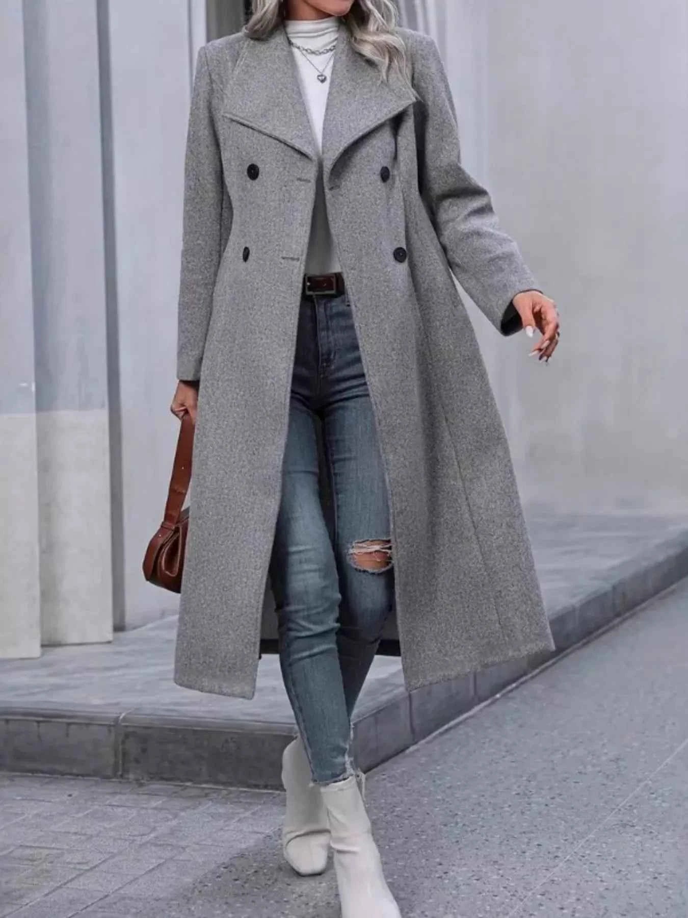 Double-Breasted Longline Overcoat- Elegant Women's Outerwear