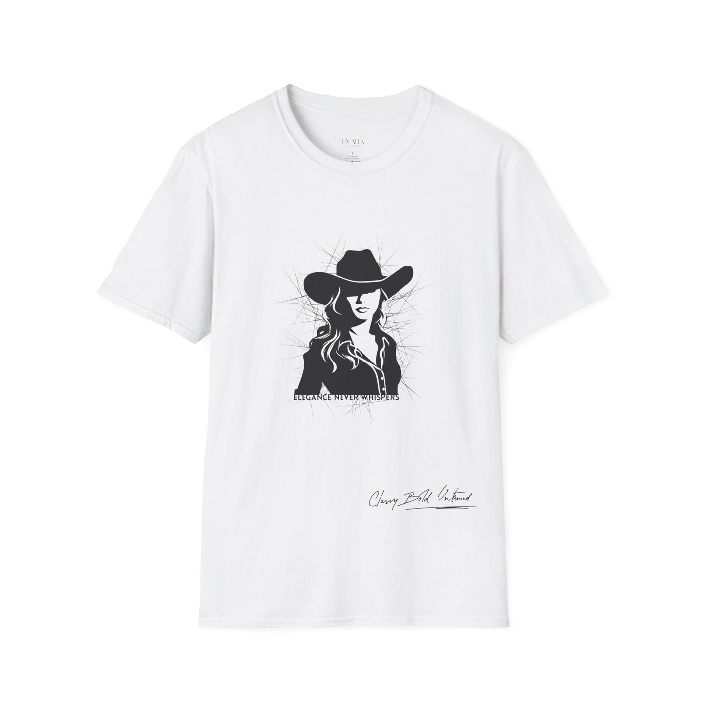 White t-shirt with black graphic design of a person wearing a hat on a white background