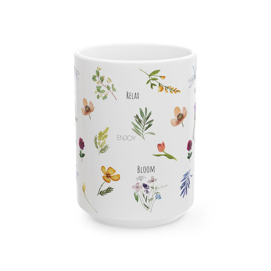 Botanical Floral Ceramic Mug - Enjoy & Relax Design (11oz, 15oz)