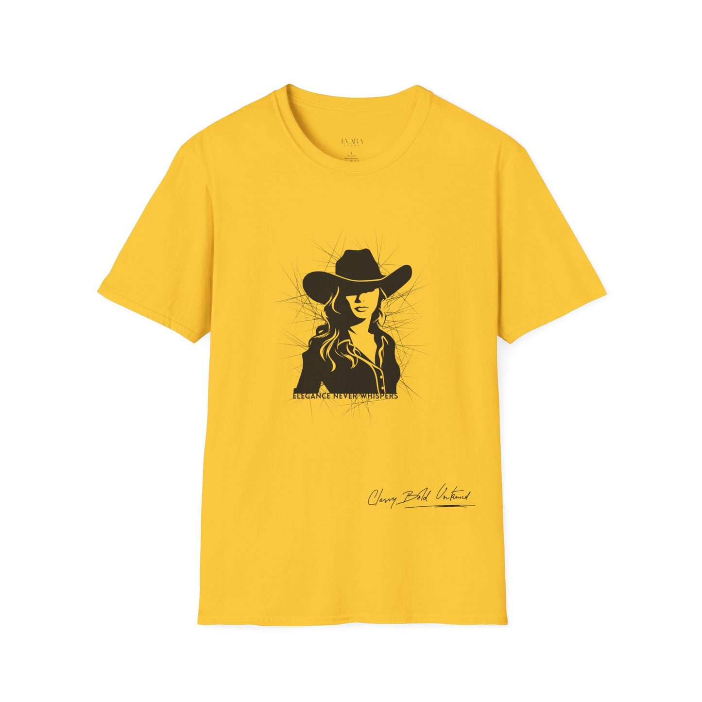 Elegance Never Whispers Women’s T-Shirt | Stylish Woman in Hat Graphic Tee | Minimalist Fashion Shirt for Women