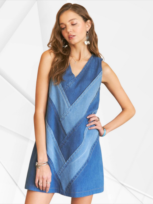 ADORA Chevron Color Block V-Neck Denim Dress