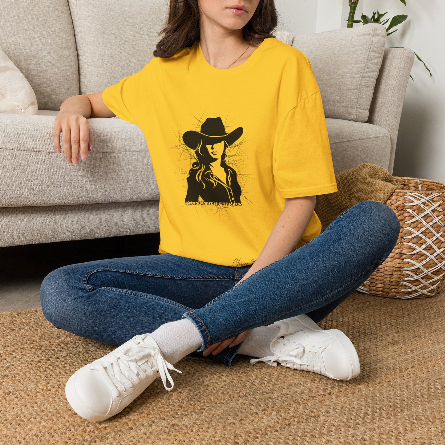 Elegance Never Whispers Women’s T-Shirt | Stylish Woman in Hat Graphic Tee | Minimalist Fashion Shirt for Women