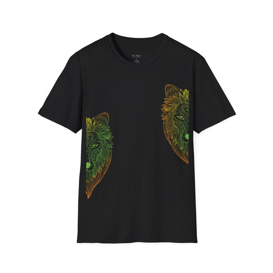 men black t-shirt with mandala wolf design on it