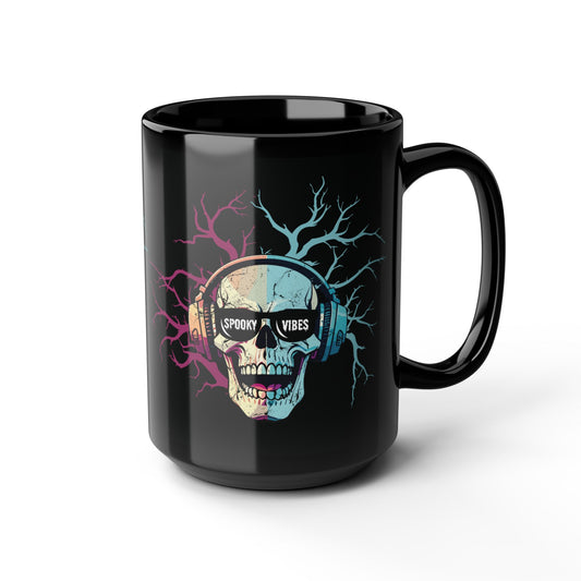 Spooky Vibes Skull Mug - Black Glossy Halloween Coffee Cup with Gothic Design