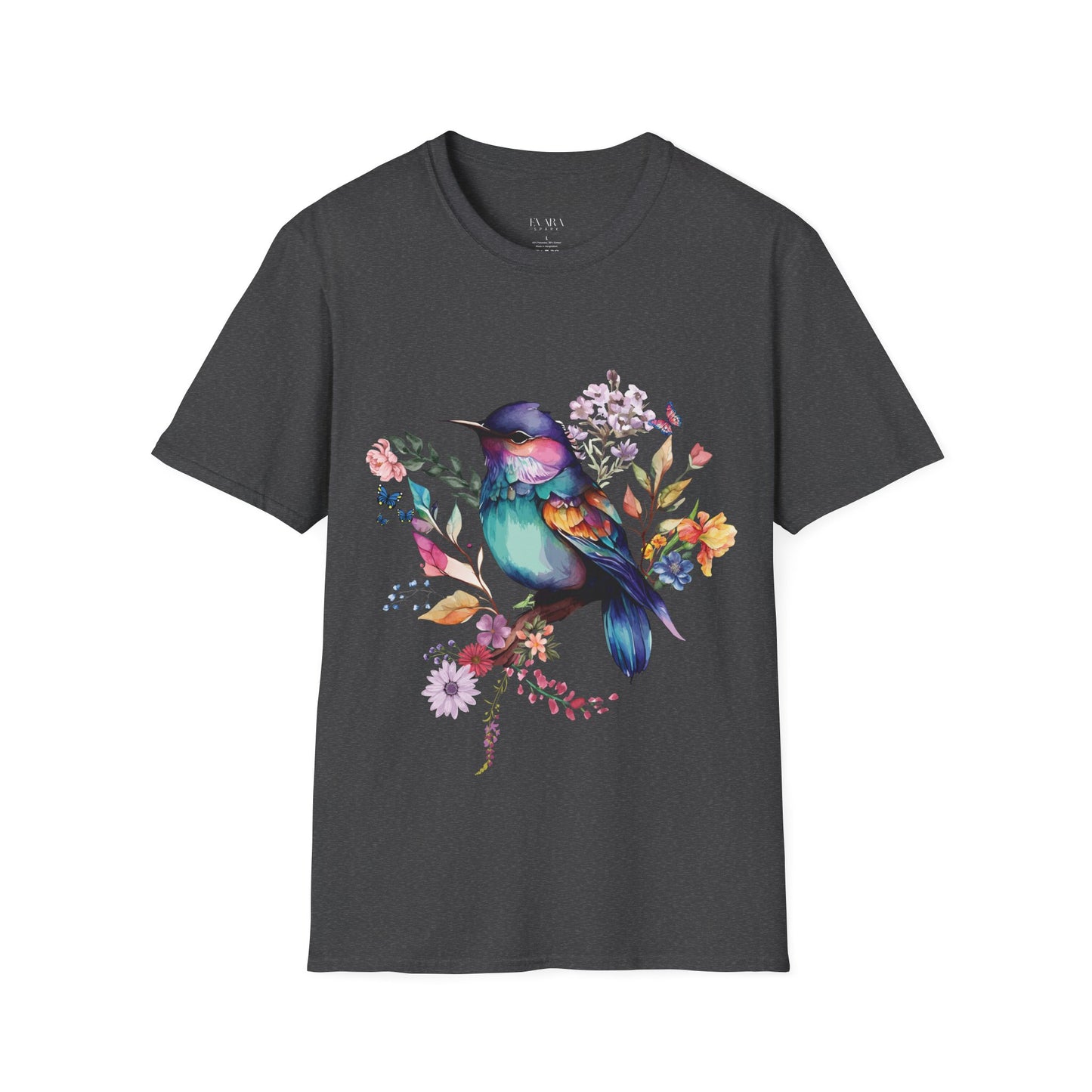 Colorful Bird Floral T-Shirt - Vibrant Watercolor Songbird Tee