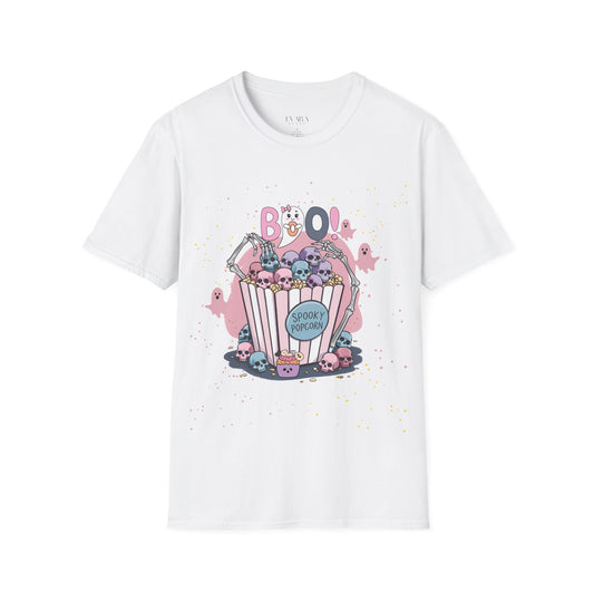 Boo! Spooky Popcorn Women’s Halloween T-Shirt for Movie Nights & October Fun