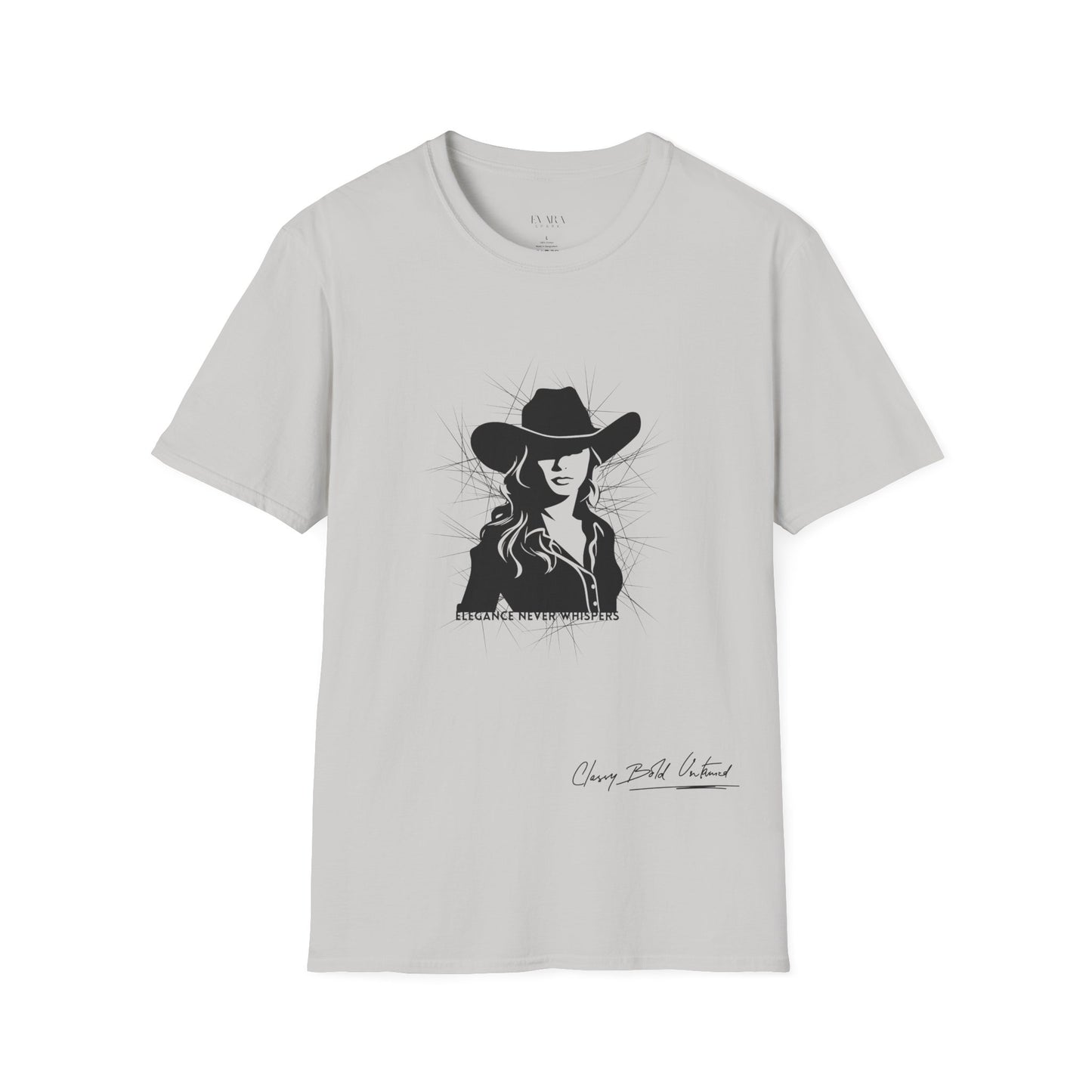 Elegance Never Whispers Women’s T-Shirt | Stylish Woman in Hat Graphic Tee | Minimalist Fashion Shirt for Women