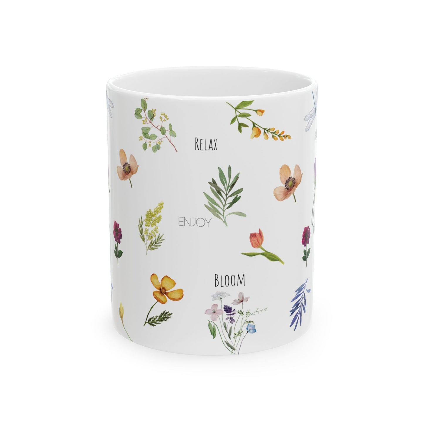 Botanical Floral Ceramic Mug - Enjoy & Relax Design (11oz, 15oz)