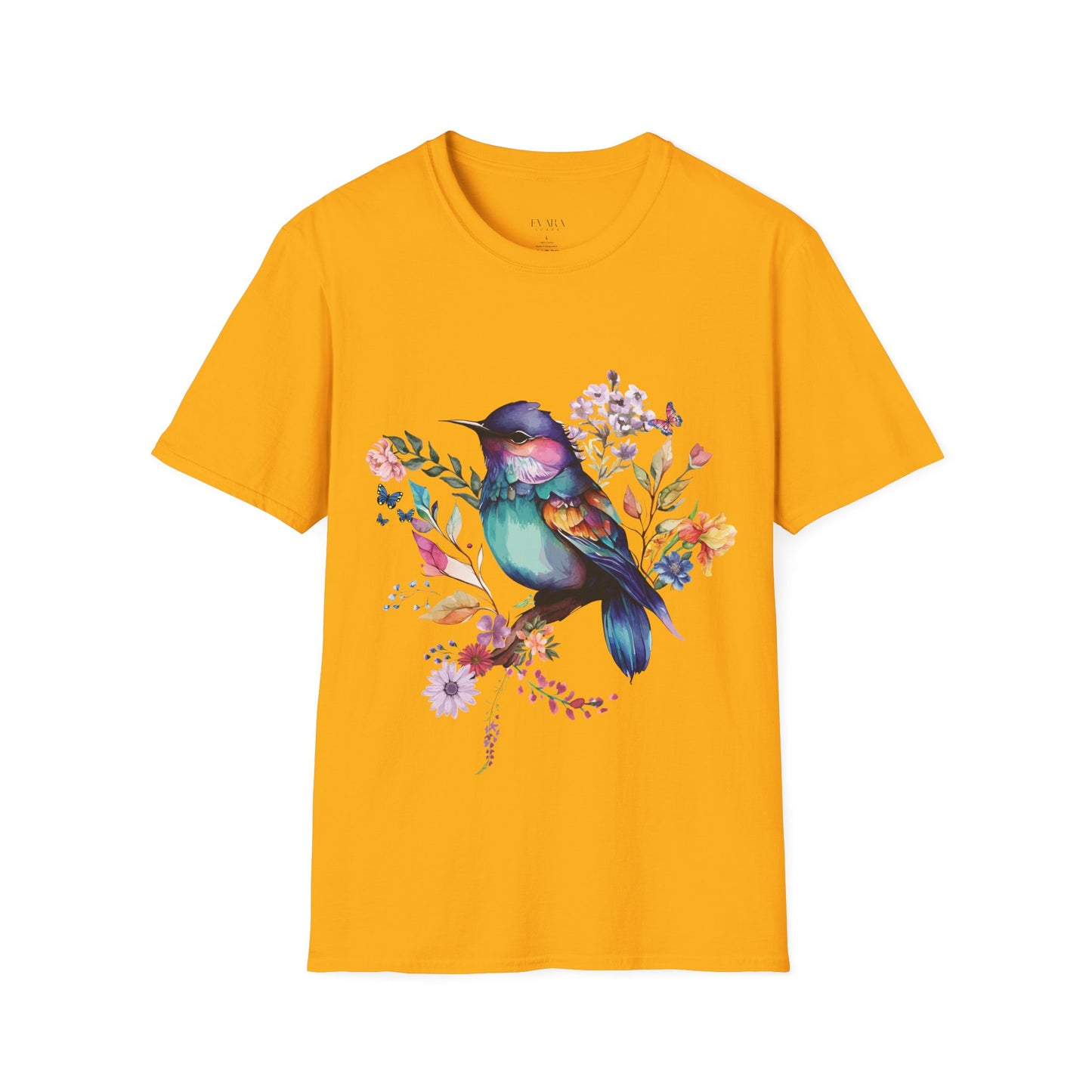 Colorful Bird Floral T-Shirt - Vibrant Watercolor Songbird Tee