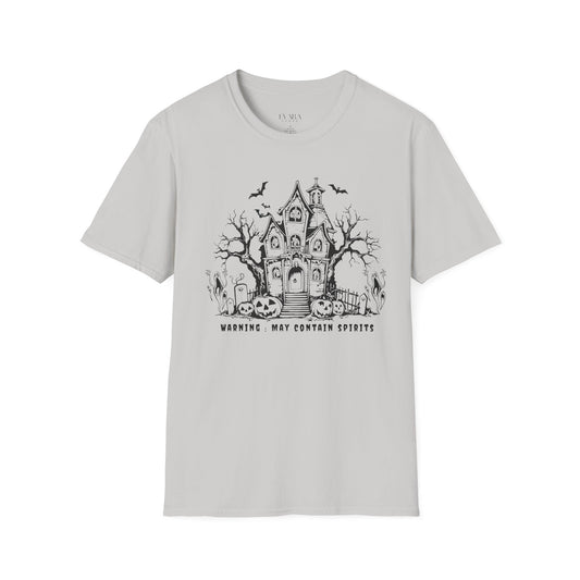 Gray t-shirt with a Halloween-themed design featuring a haunted house and text on a white background.