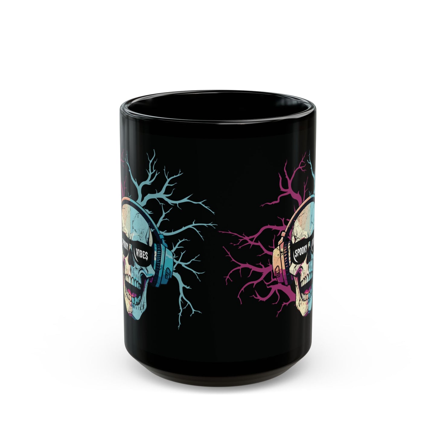 Spooky Vibes Skull Mug - Black Glossy Halloween Coffee Cup with Gothic Design