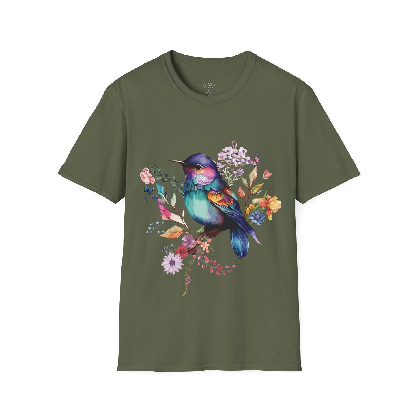 Colorful Bird Floral T-Shirt - Vibrant Watercolor Songbird Tee