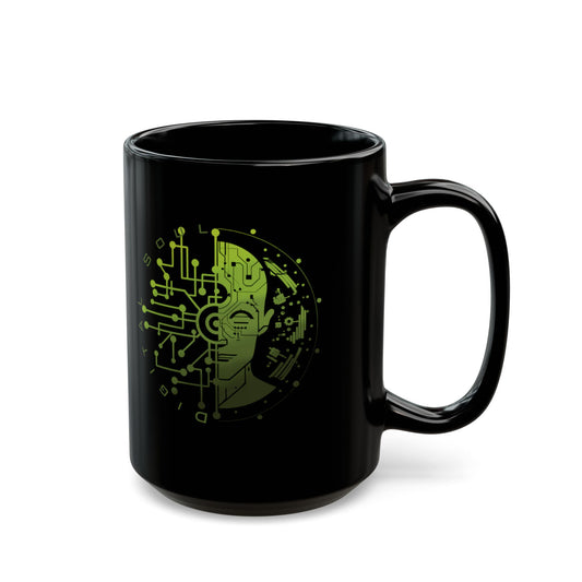 Black mug with green circuit design on a white background