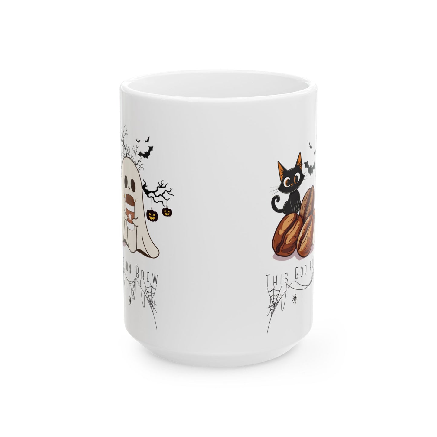 'This Boo Runs on Brew' Halloween Mug, Cute 15oz Ceramic Mug for Fall & Spooky Season