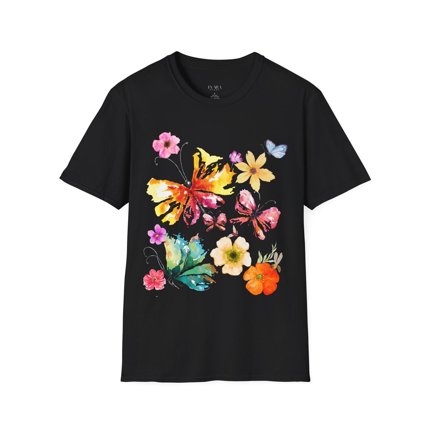 Black t-shirt with colorful butterfly and flower design 