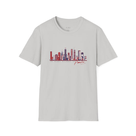 Grey t-shirt with colorful graphic design on a white background