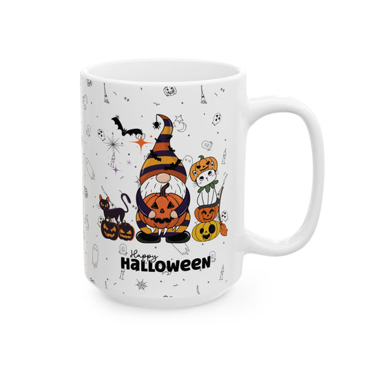 Halloween-themed mug with a gnome and pumpkins design on a white background