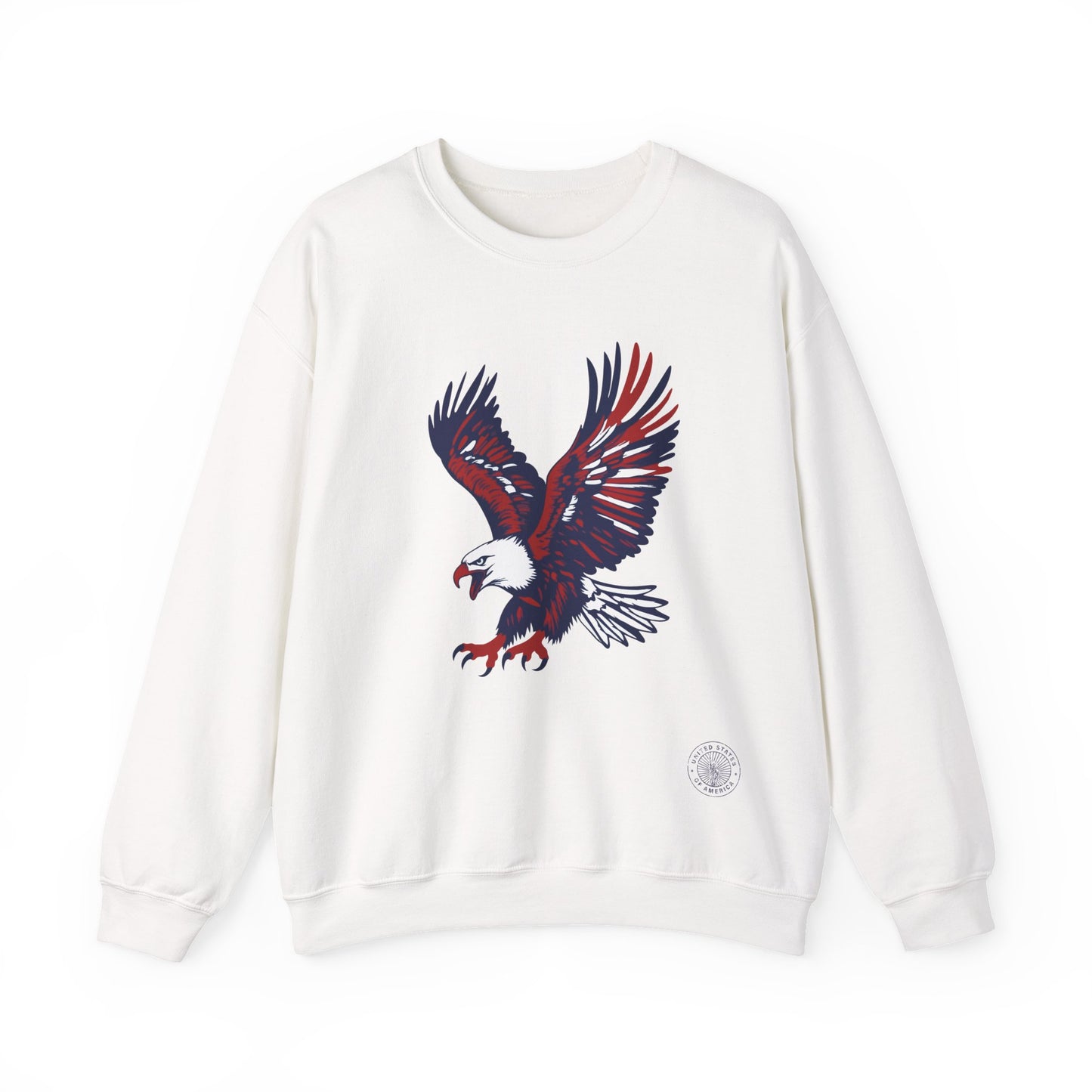 white crewneck sweatshirt with a american bald eagle on it
