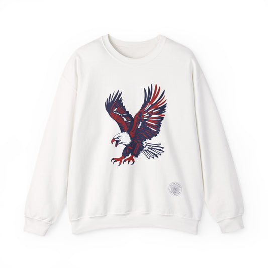 white crewneck sweatshirt with a american bald eagle on it