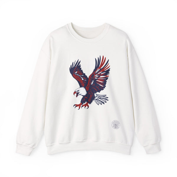 white crewneck sweatshirt with a american bald eagle on it