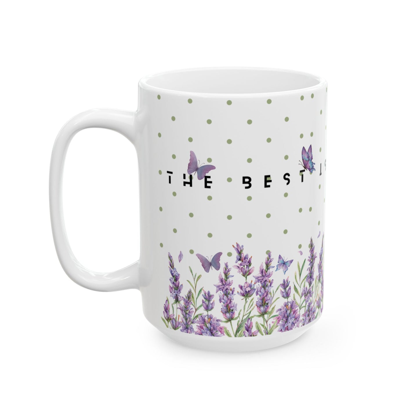 White mug with lavender and butterfly design, text 'THE BEST' on a white background