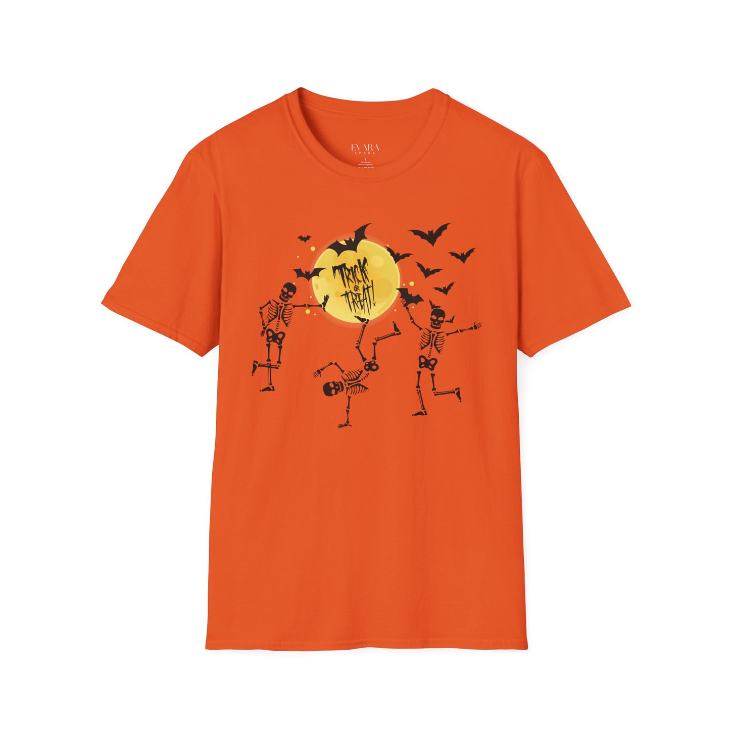 Orange t-shirt with Halloween-themed design featuring skeletons and bats on a white background