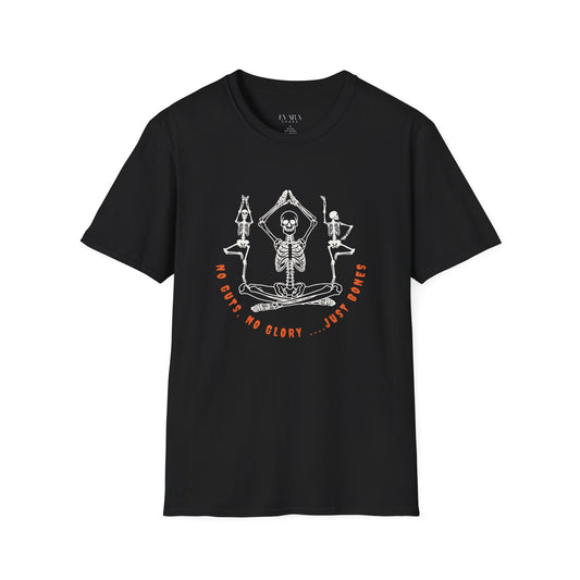 Black t-shirt with skeleton design and text on a white background