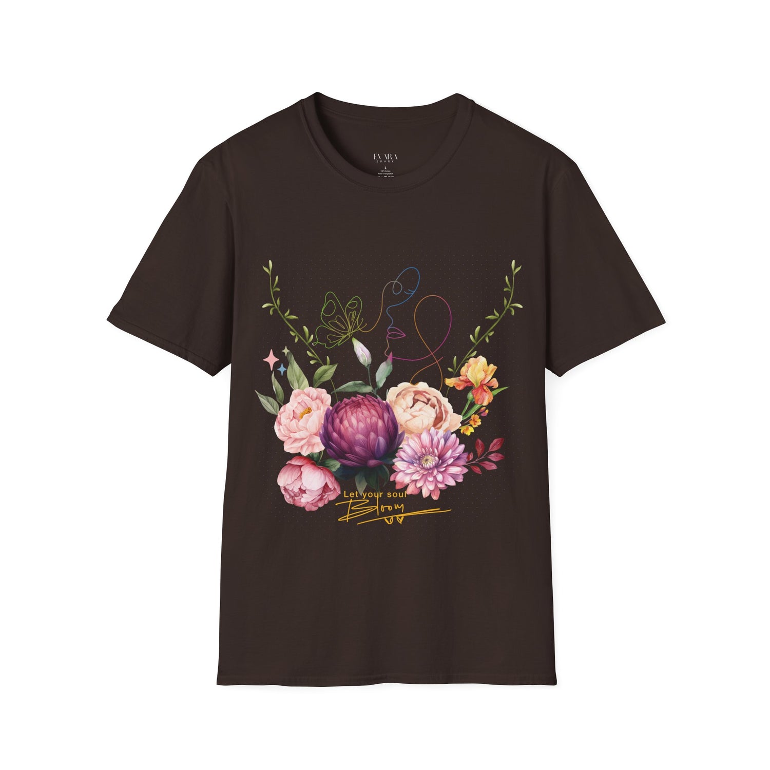 Black t-shirt with floral design and text on a white background