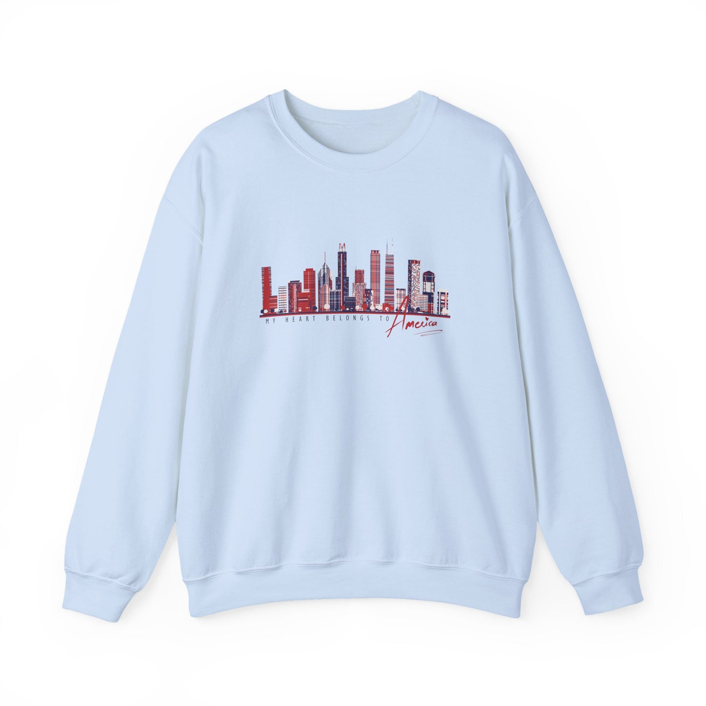 'My Heart Belongs to America' Women’s Crewneck Sweatshirt -Cityscape & American Flag Graphic