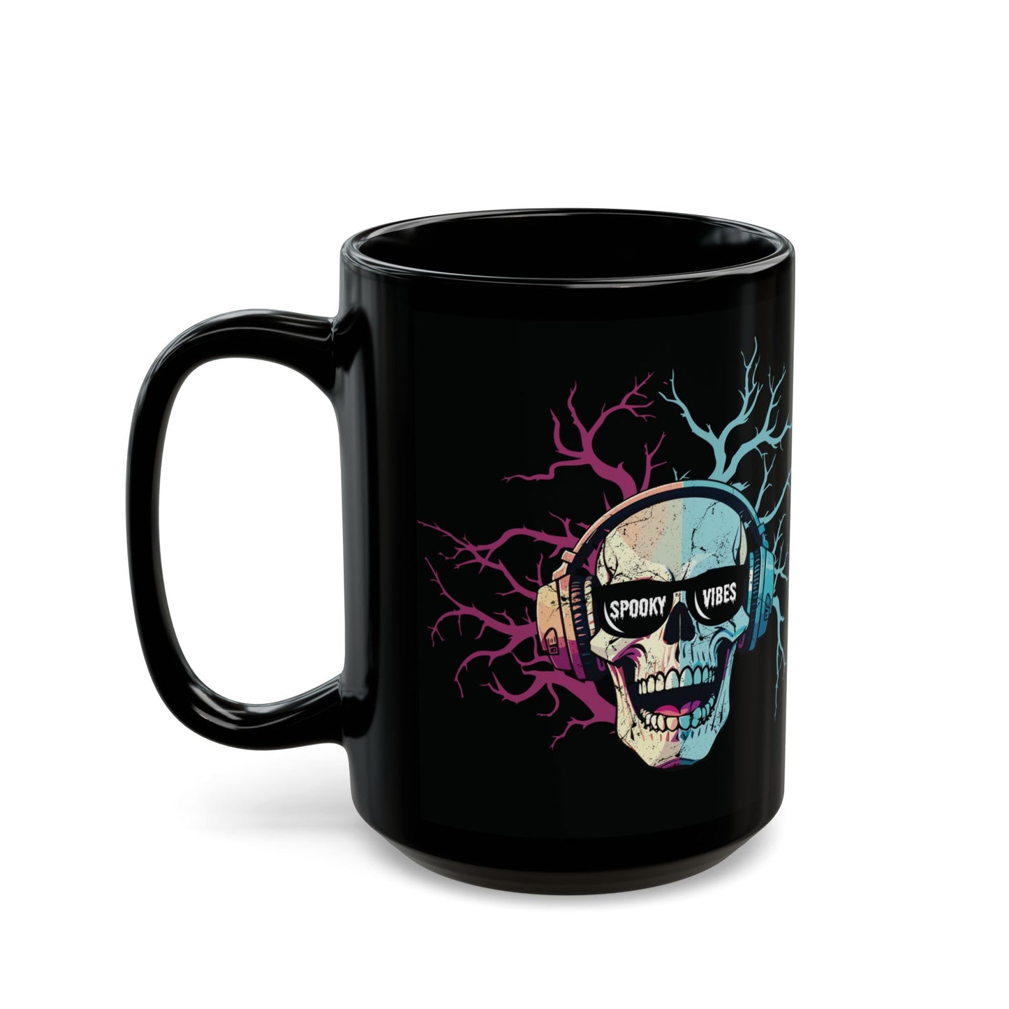Spooky Vibes Skull Mug - Black Glossy Halloween Coffee Cup with Gothic Design