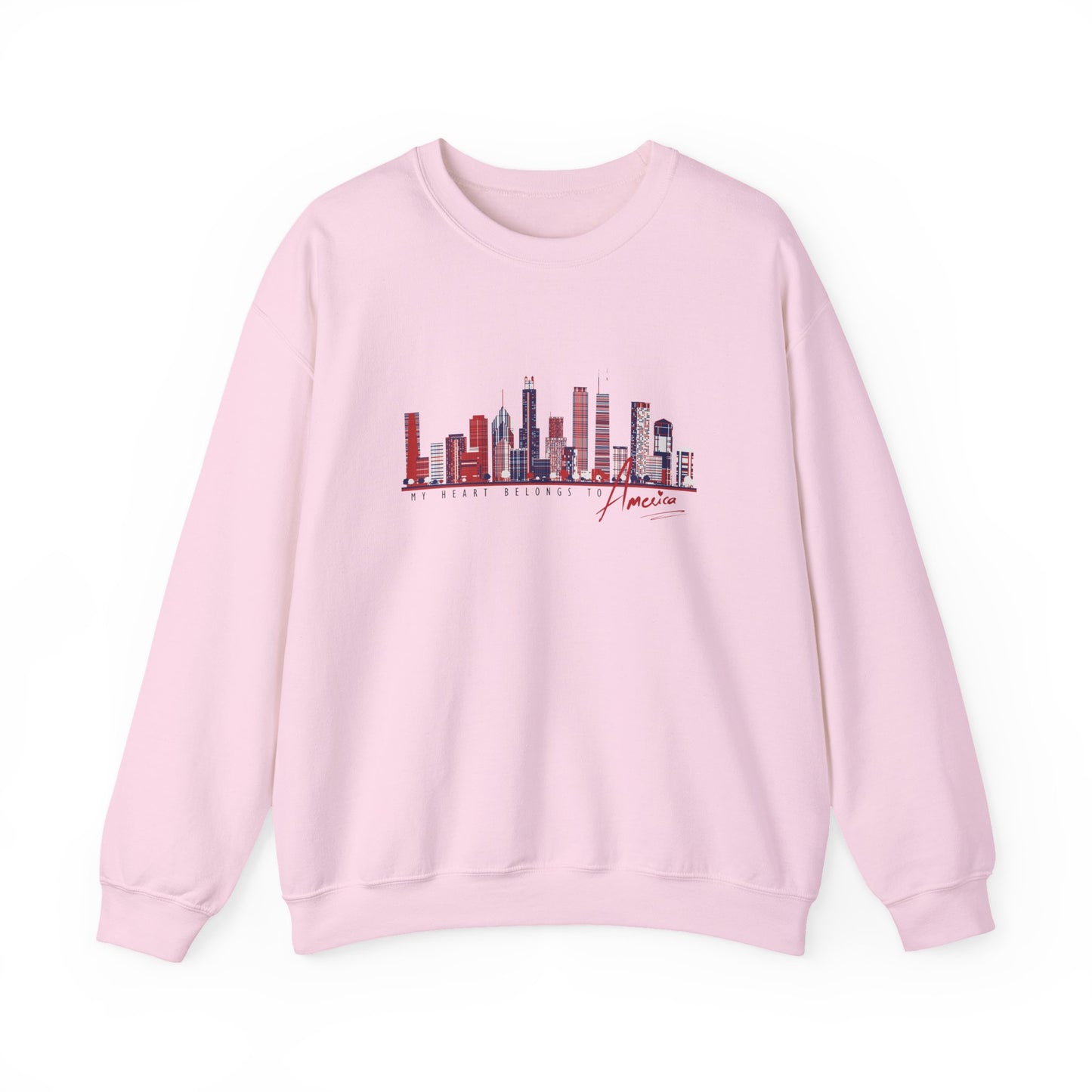 USA cityskyline graphic on pink women's crewneck sweatshirt 