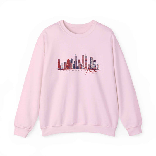 'My Heart Belongs to America' Women’s Crewneck Sweatshirt -Cityscape & American Flag Graphic