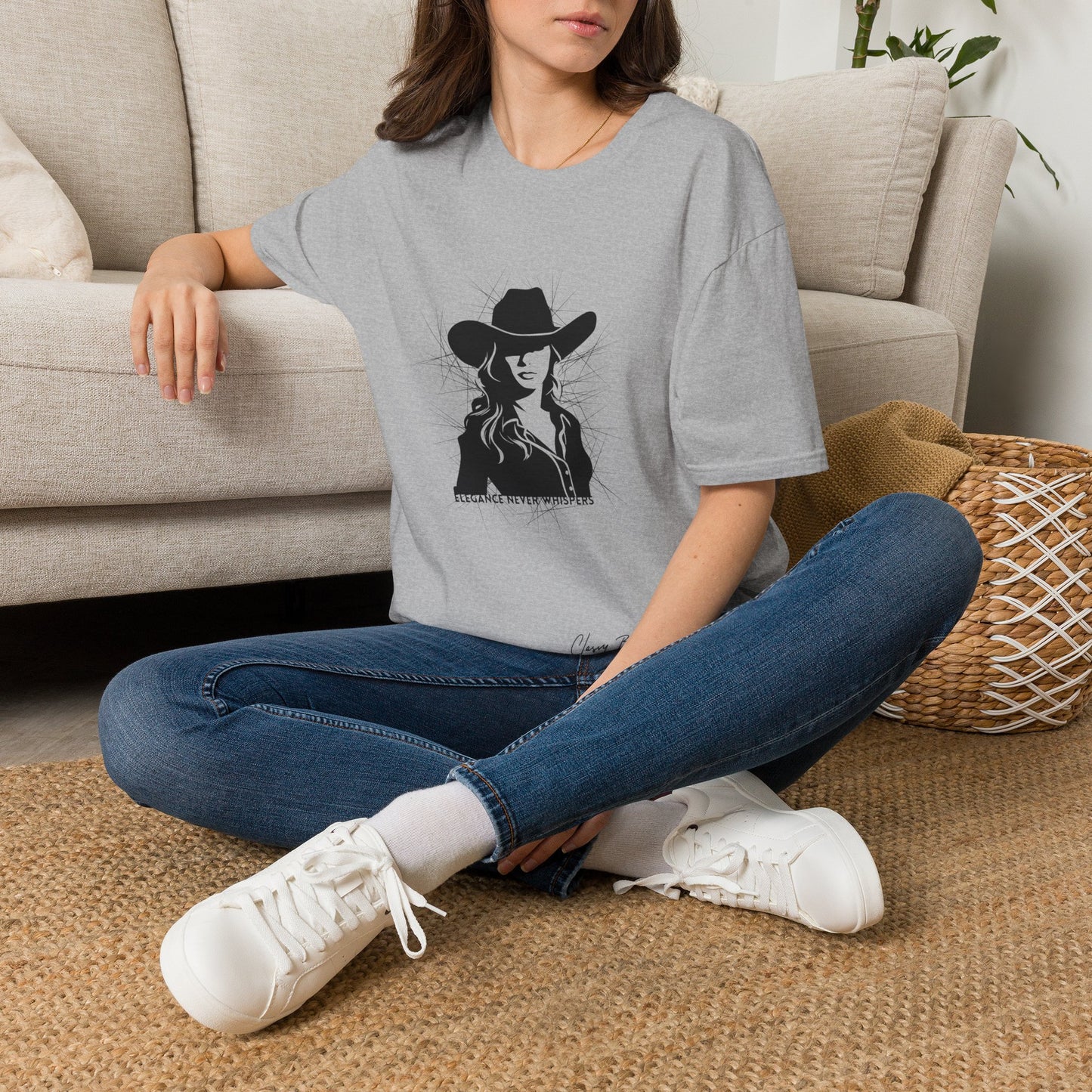 Elegance Never Whispers Women’s T-Shirt | Stylish Woman in Hat Graphic Tee | Minimalist Fashion Shirt for Women