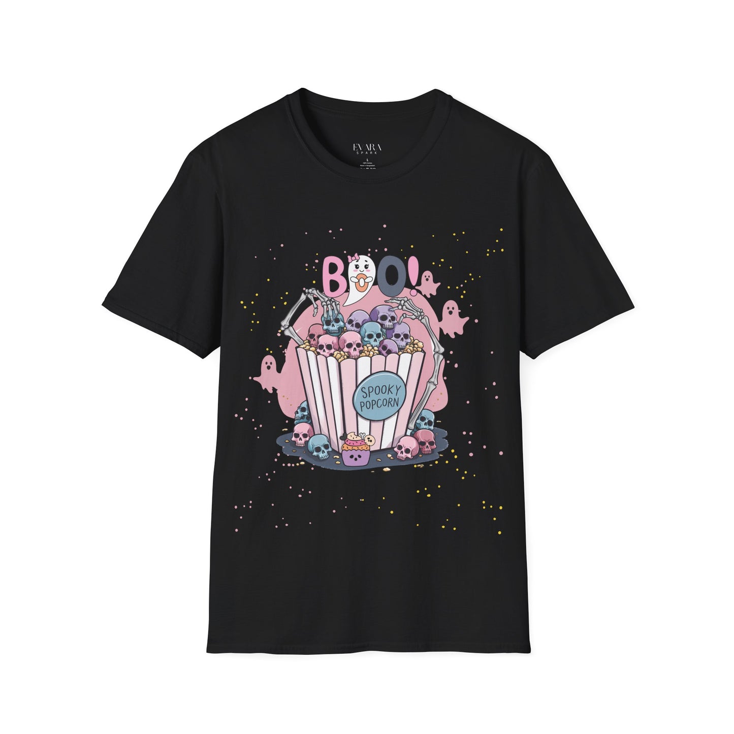 Boo! Spooky Popcorn Women’s Halloween T-Shirt for Movie Nights & October Fun