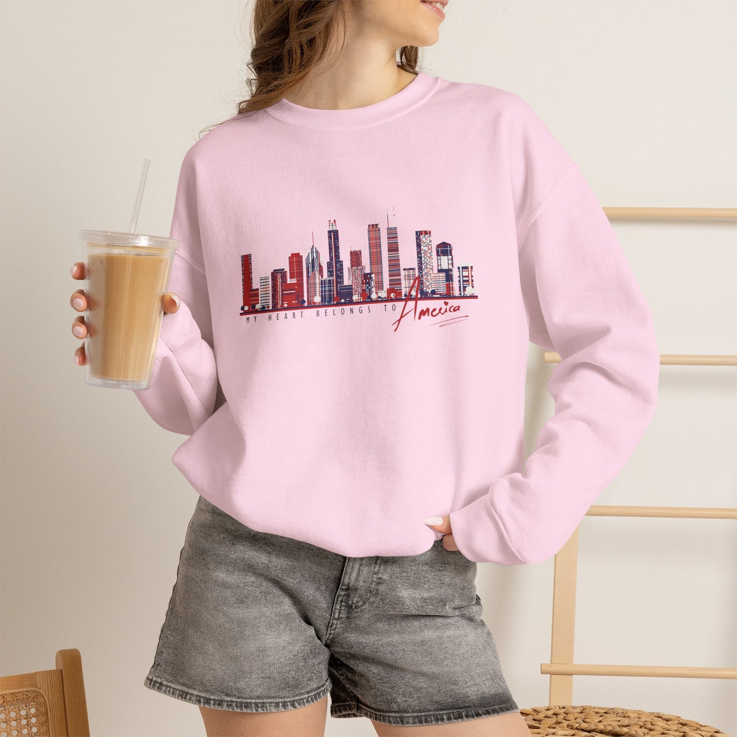 'My Heart Belongs to America' Women’s Crewneck Sweatshirt -Cityscape & American Flag Graphic