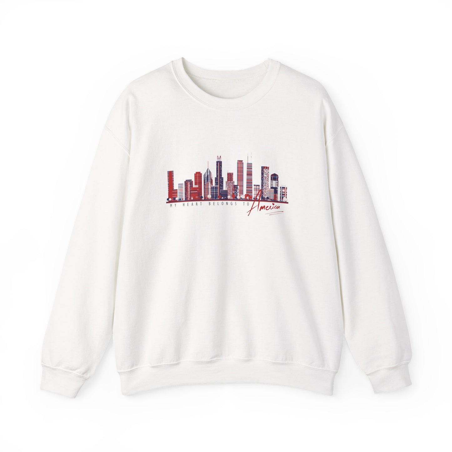 'My Heart Belongs to America' Women’s Crewneck Sweatshirt -Cityscape & American Flag Graphic