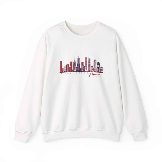 'My Heart Belongs to America' Women’s Crewneck Sweatshirt -Cityscape & American Flag Graphic